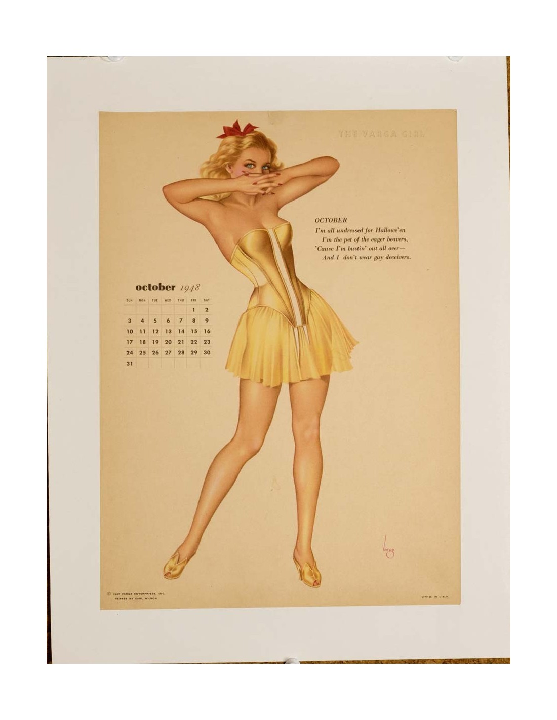 October calendar girl by vargas 1948 on linen original