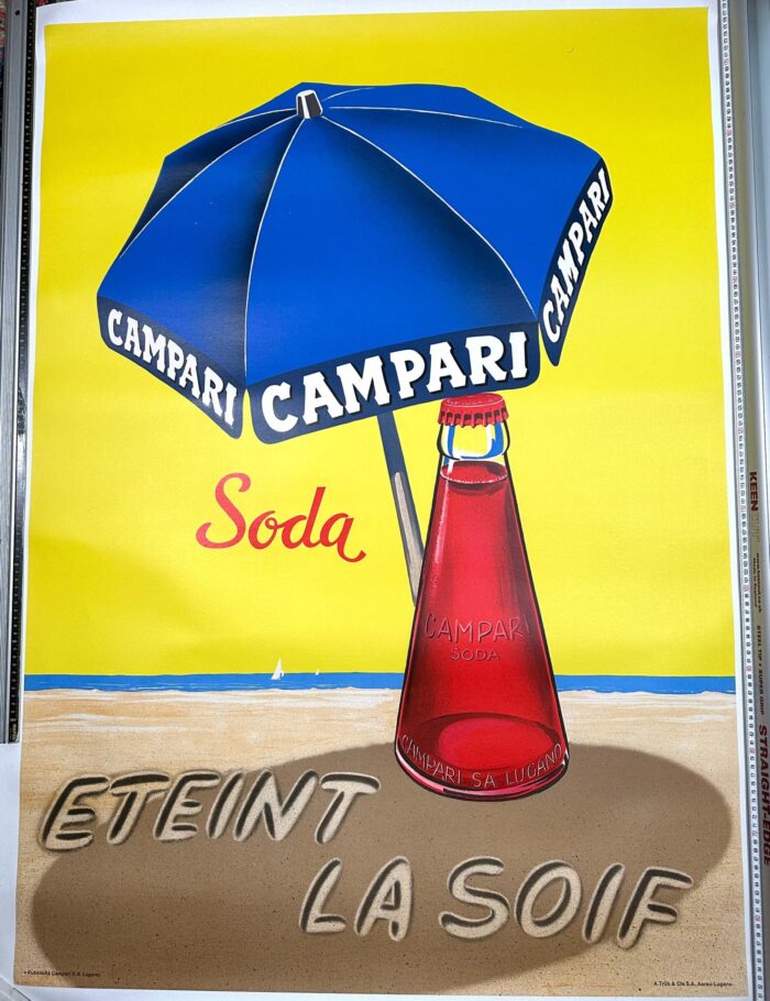 Campari Umbrella in the Sand by Traub Printers Swiss 1963 original