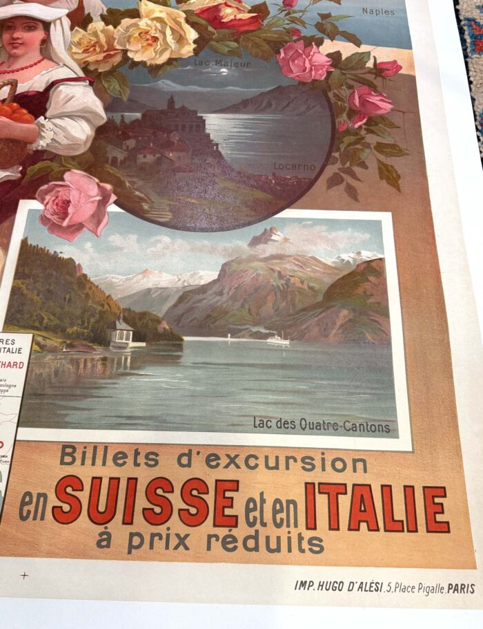 L'ITALIE ST GOTTHARD SUISSE BY HUGO D'ALESI ORIGINAL VINTAGE FRENCH TRAVEL POSTER 1900