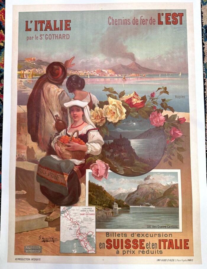 L'ITALIE ST GOTTHARD SUISSE BY HUGO D'ALESI ORIGINAL VINTAGE FRENCH TRAVEL POSTER 1900