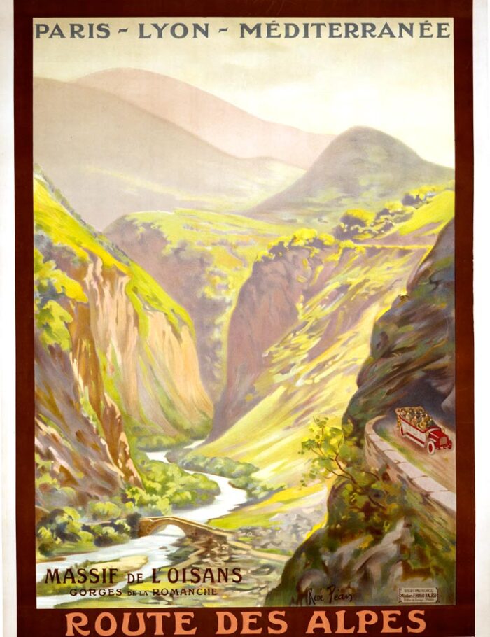 Route des Alpes by Rene Pean PLM travel poster c1900 on linen