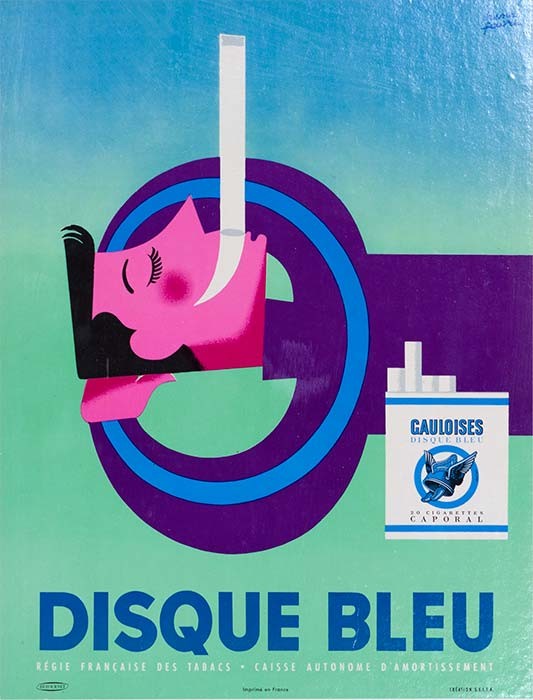 Disque Bleu Cigarettes by Favre c 1950 on linen original french poster