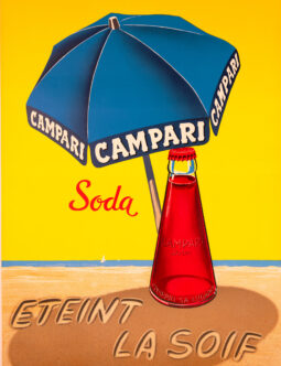 Campari Umbrella in the Sand by A Traub Printers Swiss 1963 original (French Version)