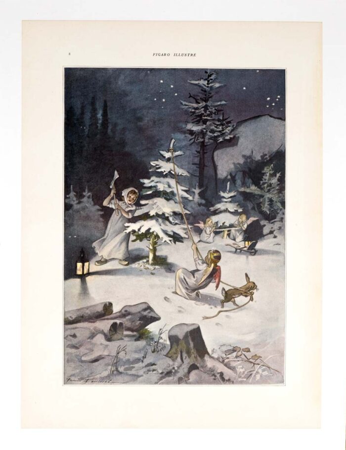 Figaro Illustre Angels cutting christmas trees by Firmin Bouisset 1898 on linen