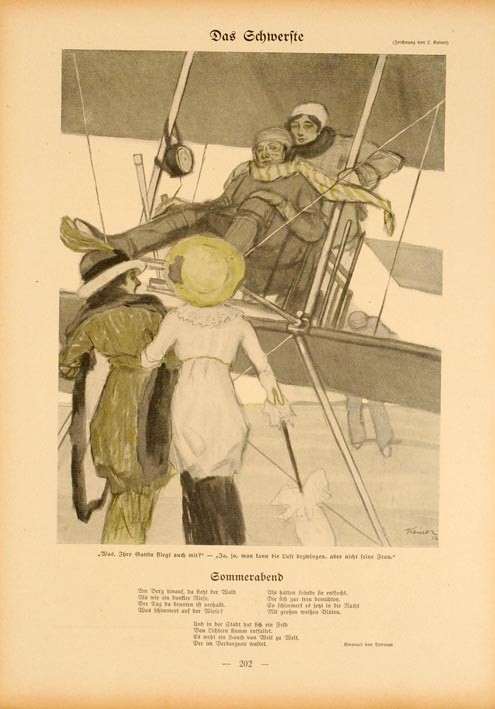 Simplicissimus 1913 by Kainer airplane on linen original