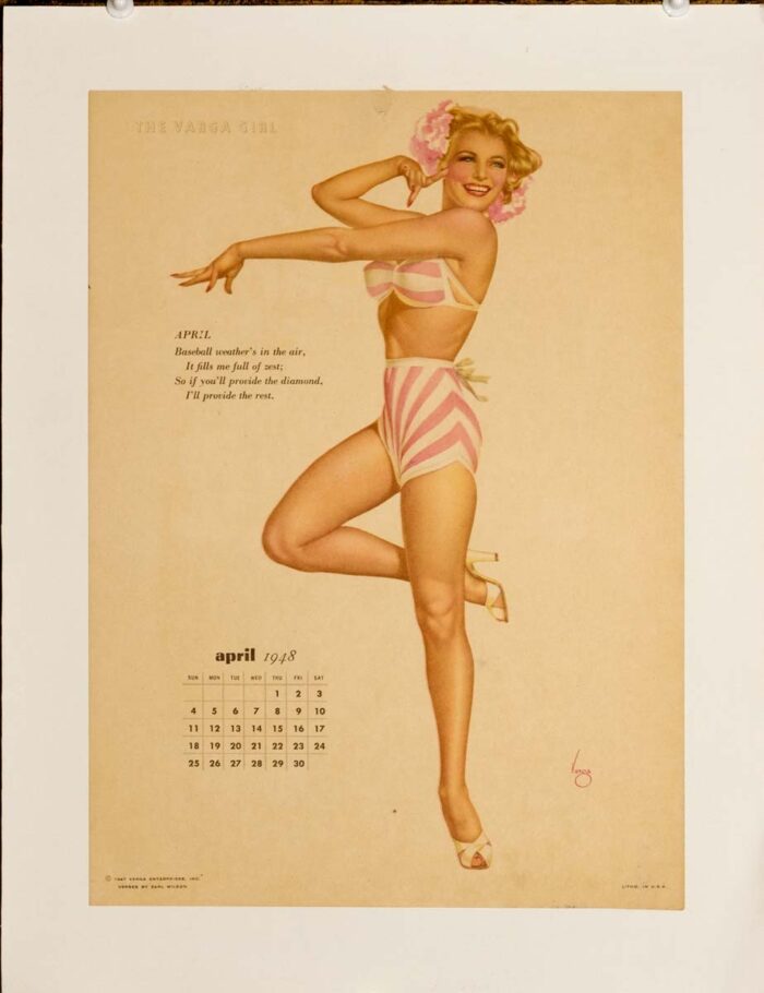 April calendar girl by vargas 1948 on linen original