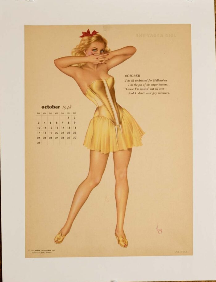 October calendar girl by Alberto Vargas 1948 on linen original