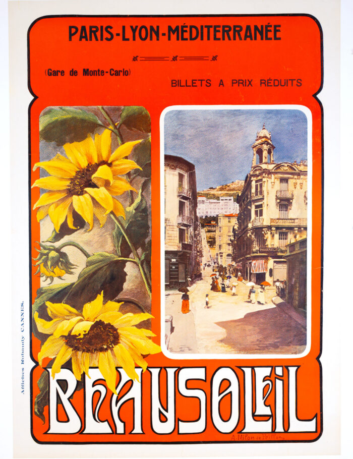 beausoleil french travel poster featuring a sunflower and the old town of Beausoleil next to monte carlo