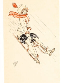 Luge (Sledding) Aquarelle circa 1910 with Fashionable lady by Plum