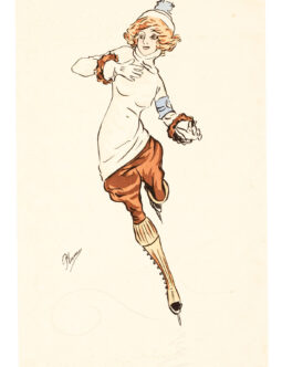 Ice Skating Aquarelle circa 1910 with Fashionable lady by Plum
